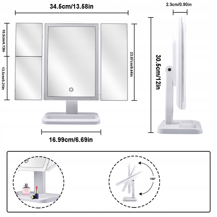 Podswietlane Lusterko do Makijazu LED Kosmetyczne
