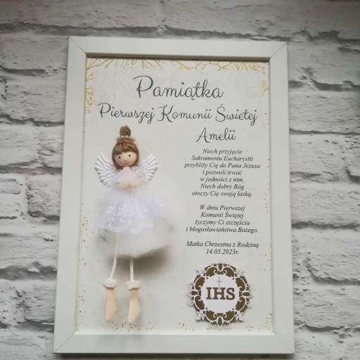 I Komunia Anioł Stróż obraz 3D upominek pamiątka od Chrzestnej Dziadków