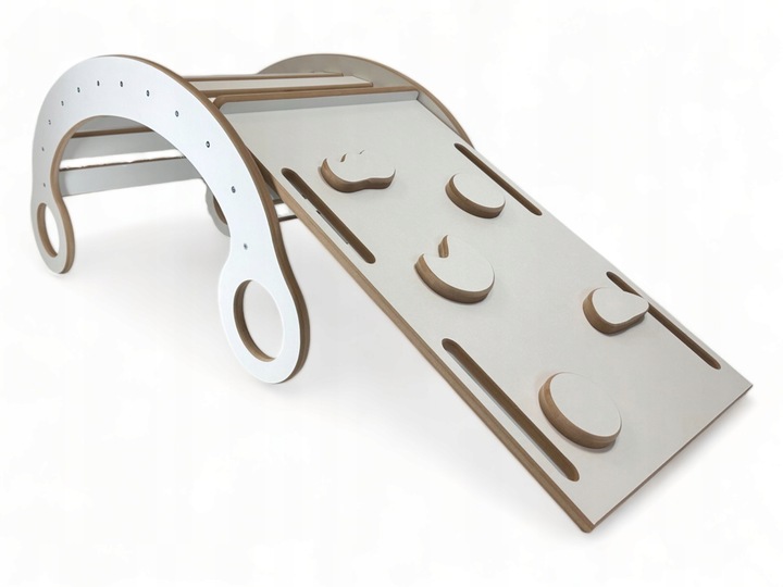 Drewniany Bujak Montessori dziecka +Poduszka Szara +Ścianka +Zjeżdżalnia CE