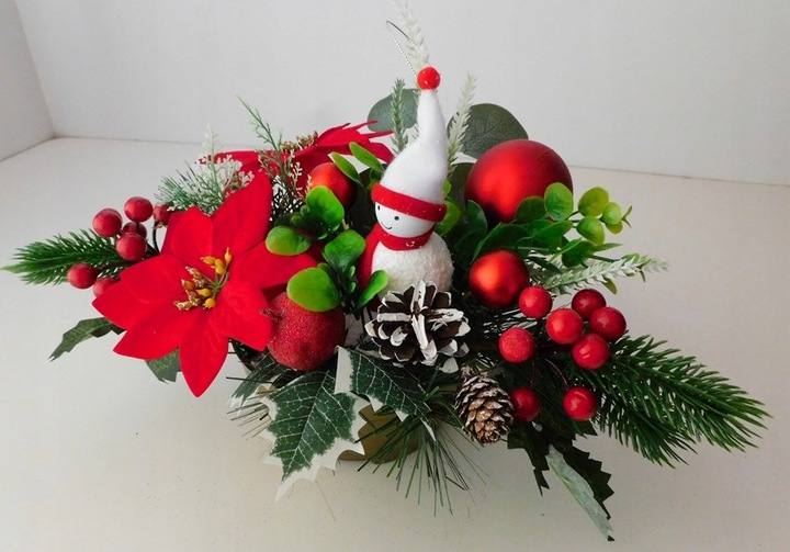 Stroik świąteczny na grób, poinsecja, bałwanek, czerwony