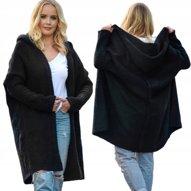 F618 Gruby KARDIGAN oversize KAPTUR, gładki