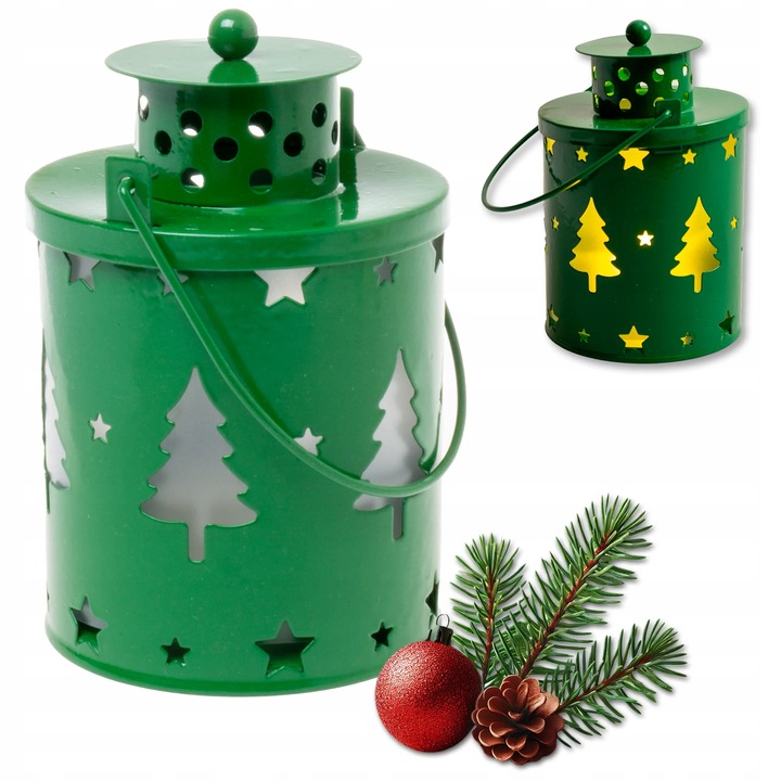 Lampion adwentowy na roraty dla dzieci metalowy zielony choinki LED 12,5 cm