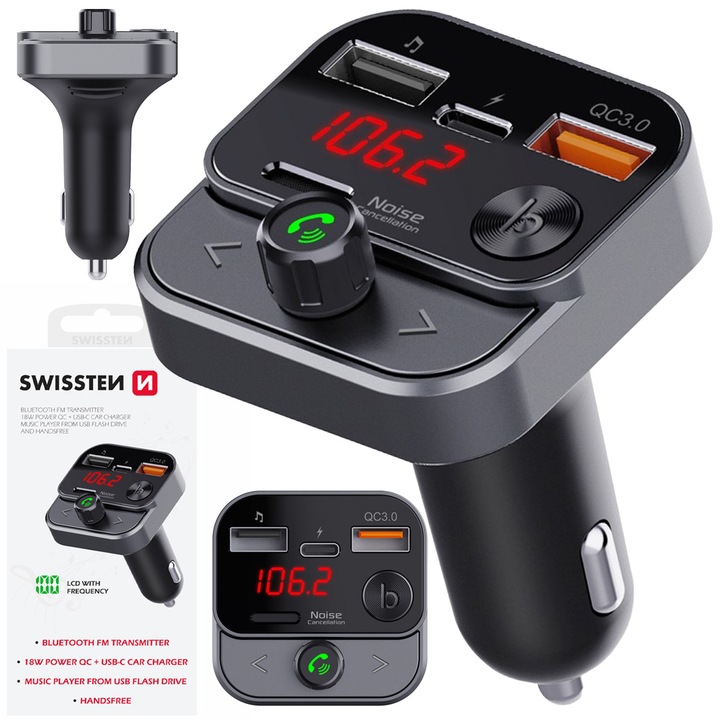 SWISSTEN Transmiter FM Bluetooth USB-A na PENDRIVE SZYBKA ŁADOWARKA USB-C