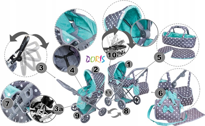 WÓZEK DLA LALEK głeboki spacerowy gondola 3w1 + ŁÓŻECZKO DLA LALKI ZESTAW