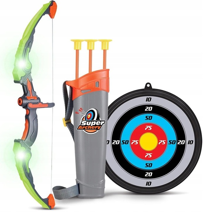 ŁUK DLA DZIECI ZESTAW Z TARCZĄ STRZAŁAMI KOŁCZANEM BEZPIECZNY ŚWIECĄCY DUŻY