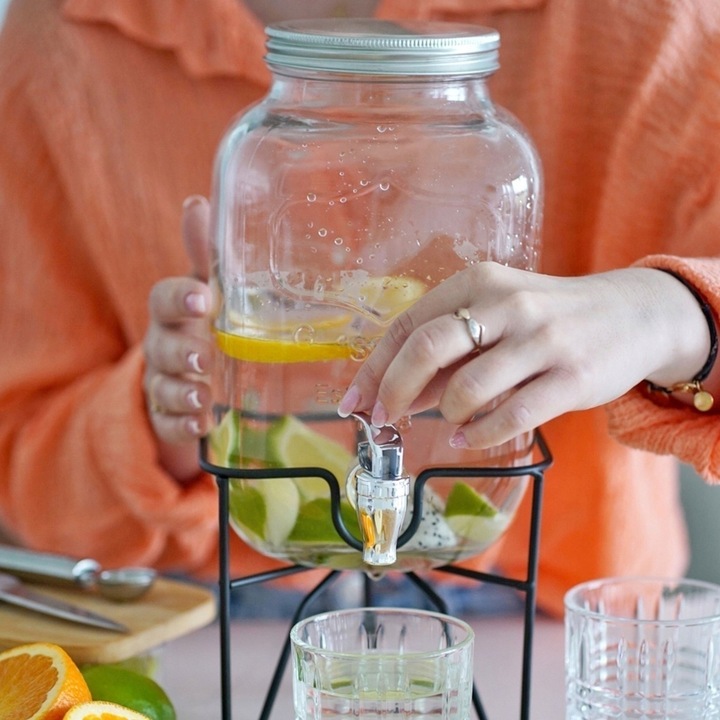 SZKLANY SŁOIK Z KRANIKIEM stojak na lemoniadę napoje soki piknik przyjęcie