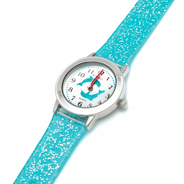 Girls' wrist watch with glitter. Includes exercises for learning the time.