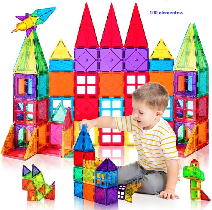 Klocki Magnetyczne 3D Konstrukcyjne Zestaw 100 elementów Edukacyjne DUŻE