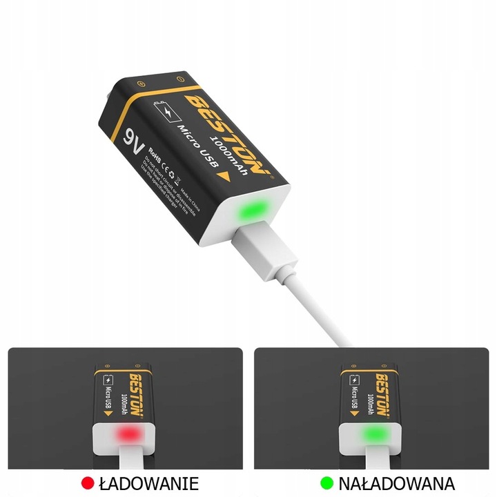 Akumulator 9V microUSB 1000mAh 6F22 6LR61 522 E-BLOCK R9 + kabel zasilający