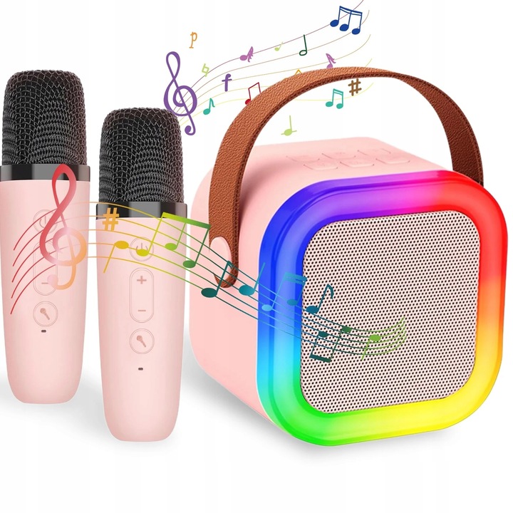 GŁOŚNIK PRZENOŚNY ZESTAW DO KARAOKE RGB BLUETOOTH 2 MIKROFONY USB JACK PINK