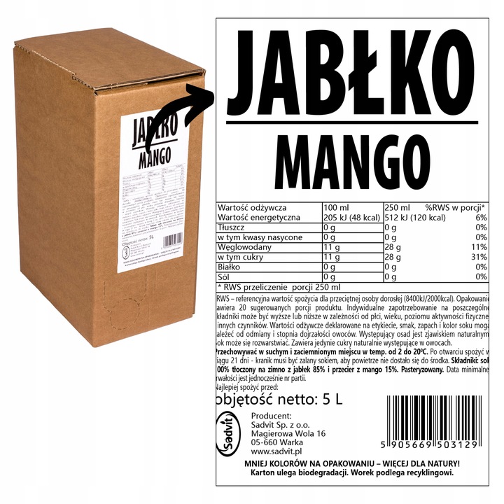 Sok jabłko mango100% naturalny, tłoczony jabłkowy mango NFC 5L do lemoniady