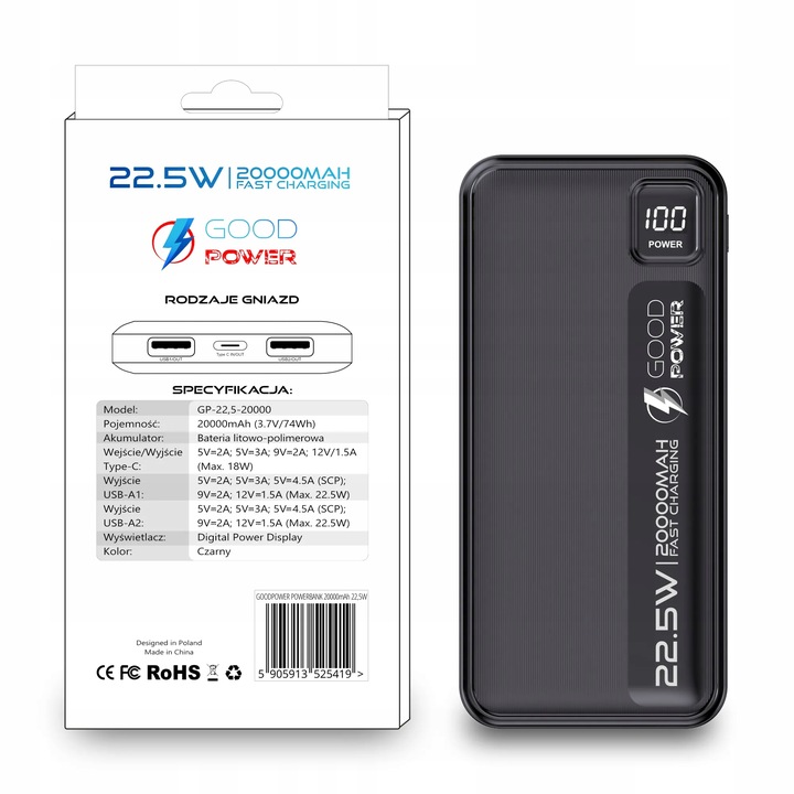 POWERBANK 20000mAh 22,5W DUŻA POJEMNOŚĆ + KABEL USB-C 60W GOODPOWER