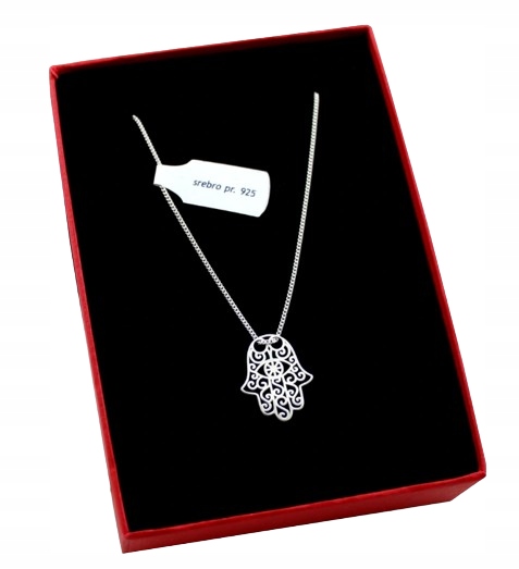 NASZYJNIK SREBRNY łańcuszek z zawieszką HAMSA RĘKA FATIMY CELEBRYTKA 45 cm