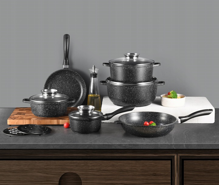 KOMPLET GARNKÓW MARMUROWYCH PATELNIA GARNKI MARMURKOWE ZESTAW INDUKCJA/GAZ