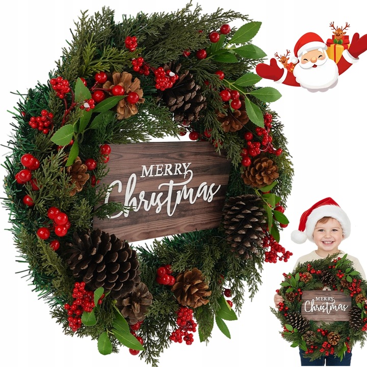 WIANEK WIENIEC DEKORACYJNY ŚWIĄTECZNY OZDOBA NA DRZWI STROIK CZERWONY 50CM