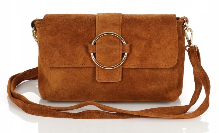 VERA PELLE Cudowna zamszowa brązowa listonoszka na długim pasku S55