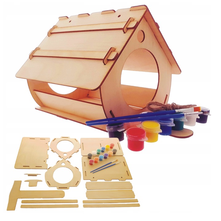 Drewniany KARMNIK Dla Ptaków do Złożenia i Malowania+farby DIY