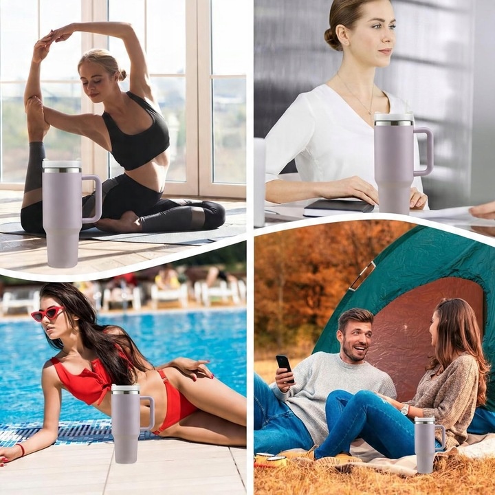 KUBEK TERMICZNY ZE SŁOMKĄ UCHWYTEM NA KAWĘ HERBATĘ SZCZELNY POJEMNY 1200ML