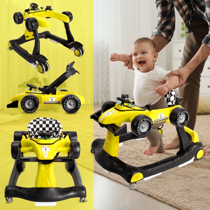 Interaktywny Chodzik jeździk pchacz Wyścigówka Formuła 1 3w1 żółty
