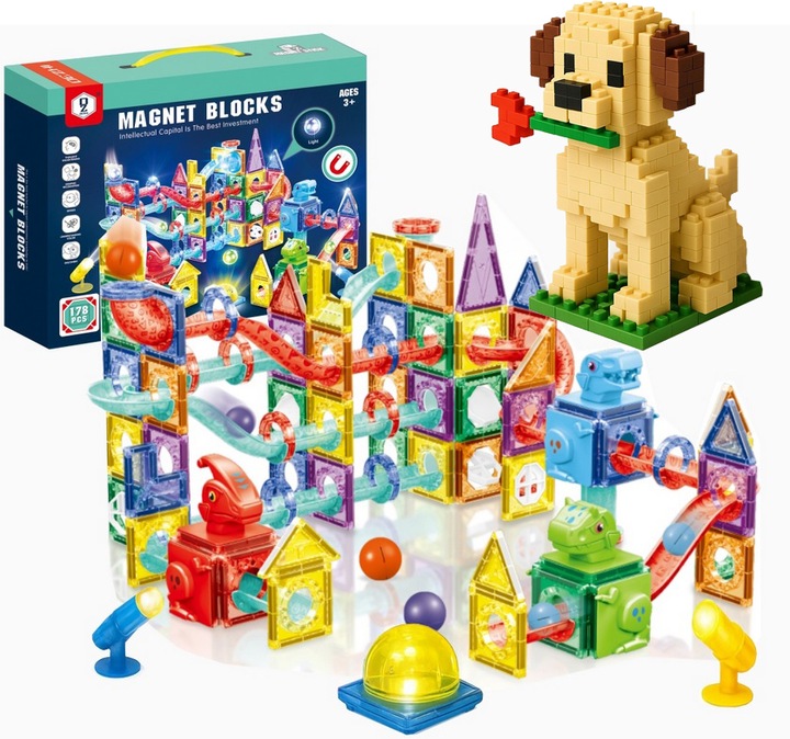 KLOCKI MAGNETYCZNE 178el TOR KULKOWY KULODROM ŚWIECĄCY 129A-1 + GRATIS