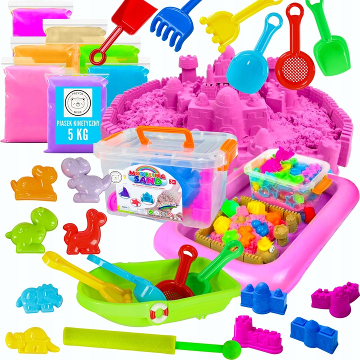DUZY ZESTAW XXL PIASEK KINETYCZNY 5 KG BASEN ŁOPATKA PIASKOWNICA STATEK