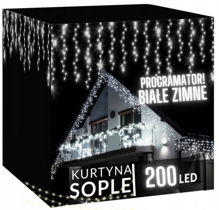 KURTYNA ŚWIETLNA 200 LED 9,5m SOPLE GIRLANDA LED BIAŁA ZIMNA PROGRAMATOR