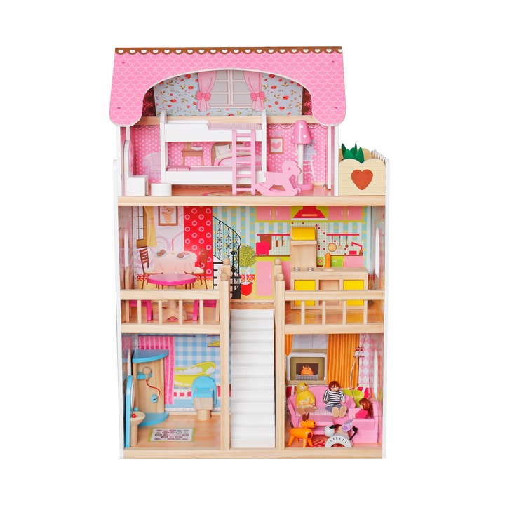 Domek dla LALEK duży DREWNIANY zestaw MEBELKI DOM 3 piętra 90 cm