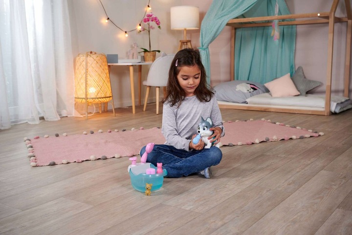 PAMPER PETZ ZESTAW Z WANNĄ INTERAKTYWNY PIESEK HUSKY PIJE SIKA + BUTELECZKA