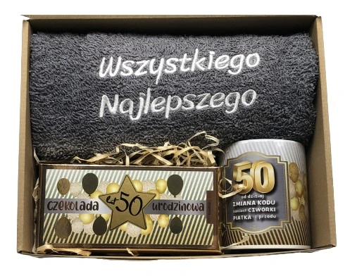 PREZENT NA URODZINY 18-70 Zestaw Kosz Prezentowy Ręcznik Kubek Czekolada
