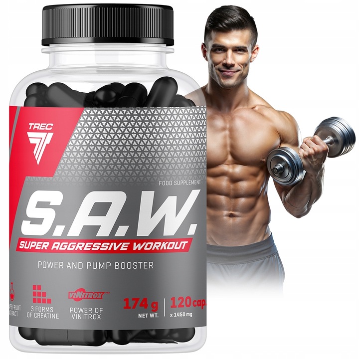 TREC SAW 120 kaps PRE-WORKOUT SIŁA ENERGIA KOFEINA S.A.W. PRZEDTRENINGÓWKA