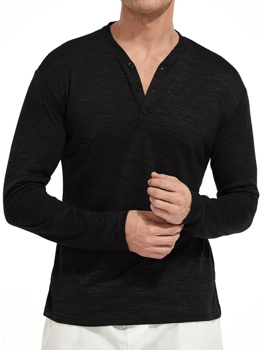 T-SHIRT MĘSKI V-NECK Z DŁUGIM RĘKAWEM Z GUZIKAMI CZARNY CASUAL SHEIN M