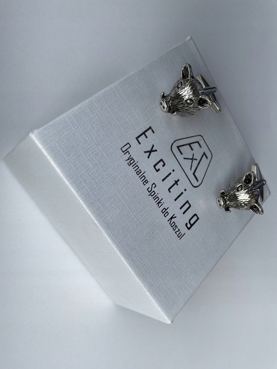 Srebrne spinki do mankietów EXC Dzik Dziki Głowa Dzika dla Myśliwego w Etui