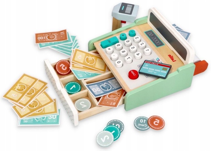 Drewniana kasa fiskalna ze skanerem Do przedszkola Do sklepu Dla dziecka