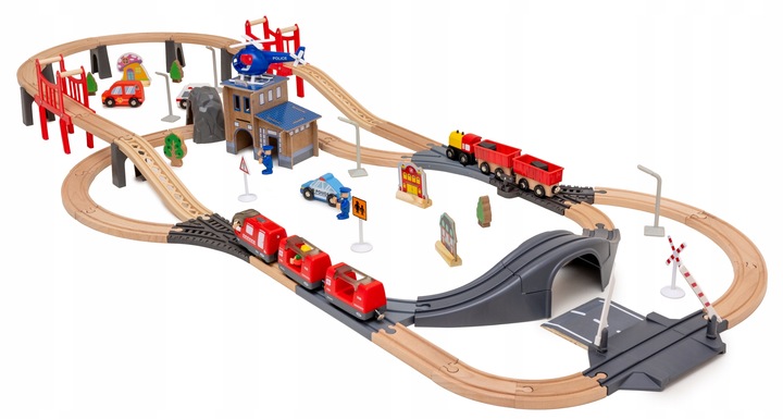 Drewniana Kolejka Elektryczna POCIĄG NA BATERIE x2 WAGONY TUNEL TOR Dźwięk