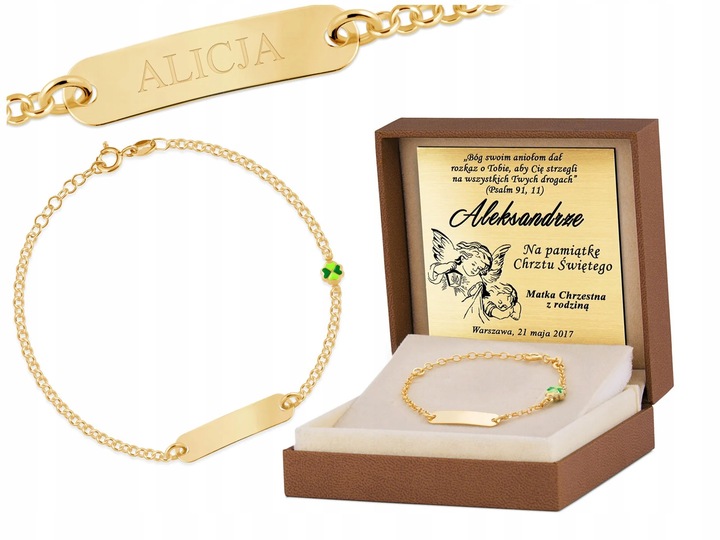 Bransoletka Srebrna 925 Złocona z Grawerem Koniczynka Prezent na Chrzest