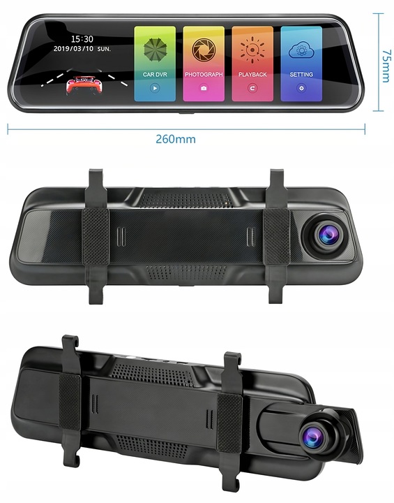 WIDEOREJESTRATOR SAMOCHODOWY LUSTERKO KAMERA COFANIA JAZDY PRZÓD TYŁ MenuPL