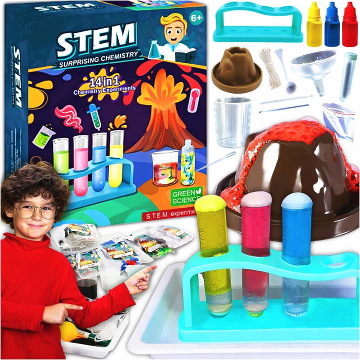 EKSPERYMENTY DLA DZIECI ZESTAW EDUKACYJNY WULKAN MAŁY CHEMIK 14W1 WYBUCH