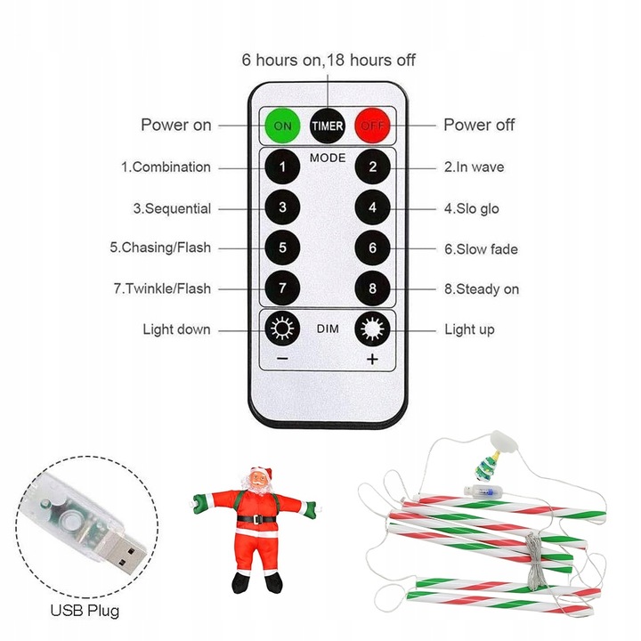 ŚWIĄTECZNE LAMPKI LED DRABINKA ŚWIĘTEGO MIKOŁAJA 8 TRYBÓW 75 CM PILOT USB