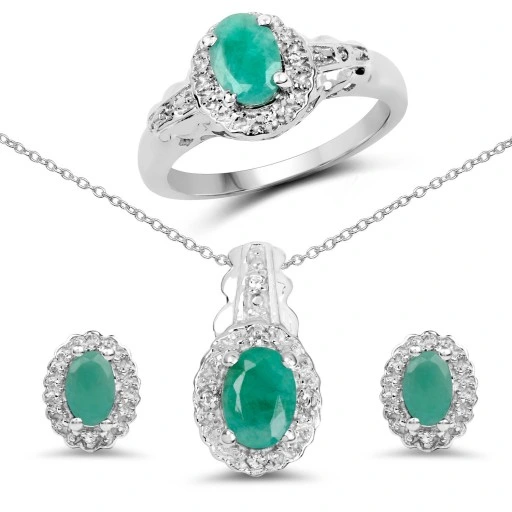 CUDOWNY SREBRNY KOMPLET ZE SZMARAGDAMI R.15