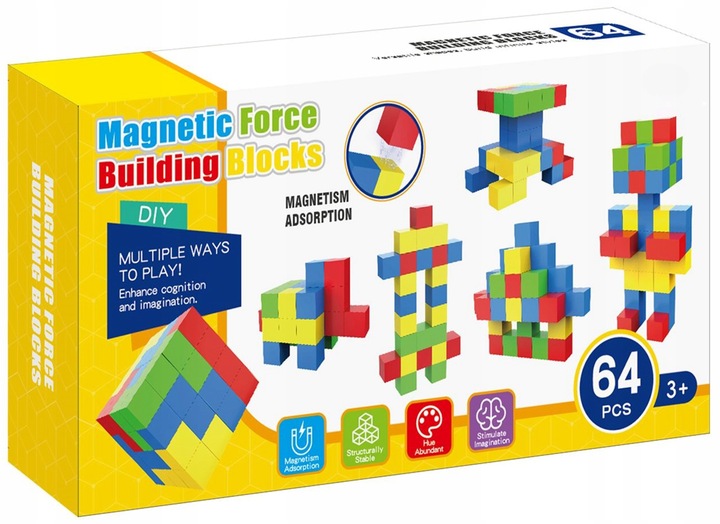 Klocki magnetyczne edukacyjne KOSTKI SZEŚCIANY Zestaw 64 el. magnesy