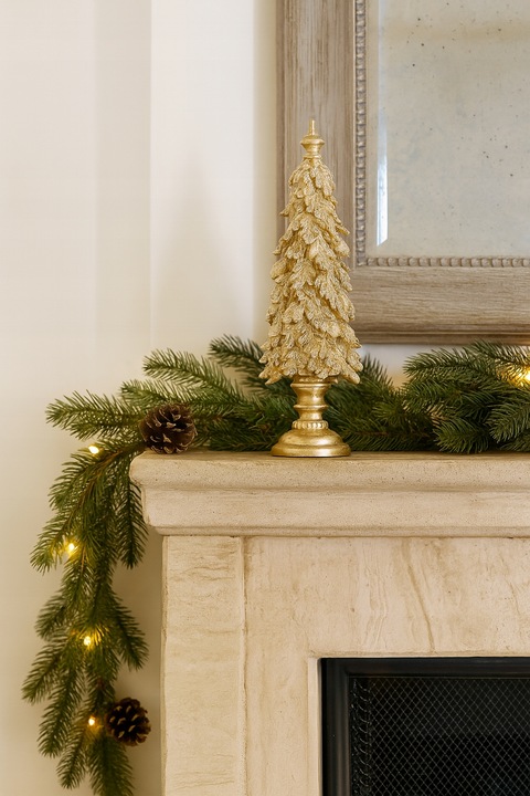 Choinka złota liście dębu na postumencie wąska 25 cm figurka świąteczna