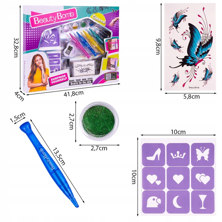 ZESTAW DO ROBIENIA TATUAŻY DUŻY BROKATOWE TATUAŻE ZMYWALNE SZABLONY DIY