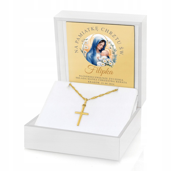 Złoty łańcuszek krzyżyk złoto 585 prezent CHRZEST Pamiątka Chrztu + GRAWER