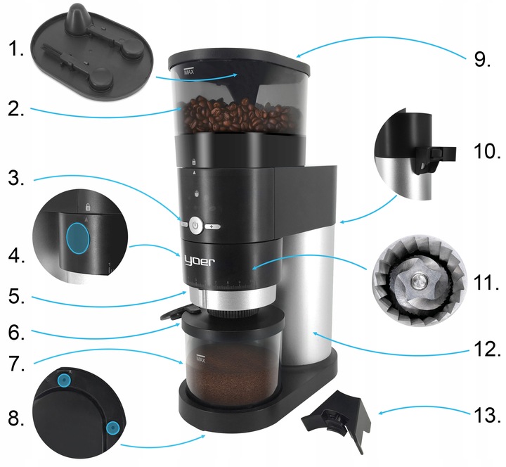Elektryczny młynek kawy Żarnowy Yoer 150W AUTOMATYCZNY +43 Poziomy mielenia