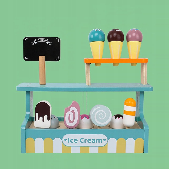 LODZIARNIA DLA DZIECI WITRYNA Z LODAMI STOISKO DREWNIANY SKLEPIK DLA DZIECI