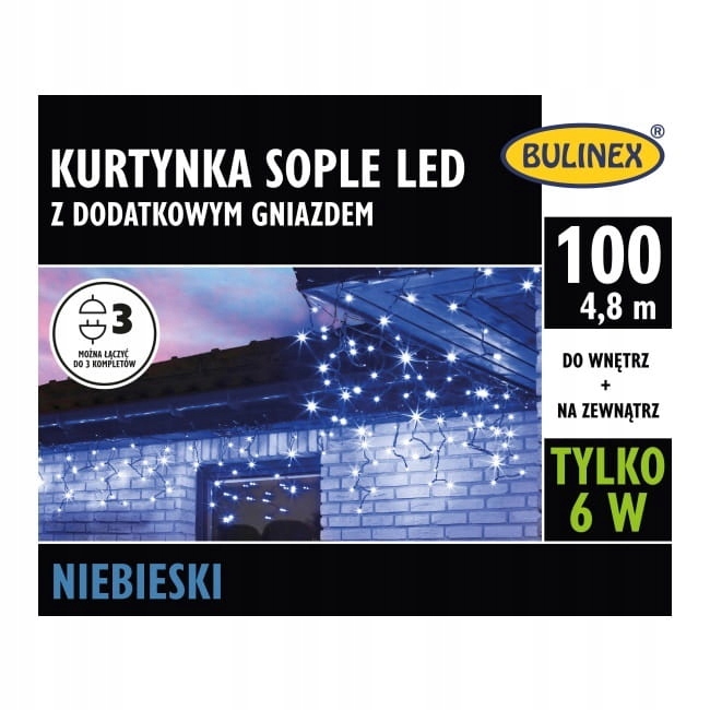 Kurtyna LED Bulinex sople 100 LED 4,8 m niebieska LAMPKI ZEWNĘTRZNE