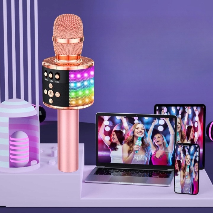 Mikrofon do karaoke dla dzieci Q78 różowy Bluetooth i złącze AUX przenośny