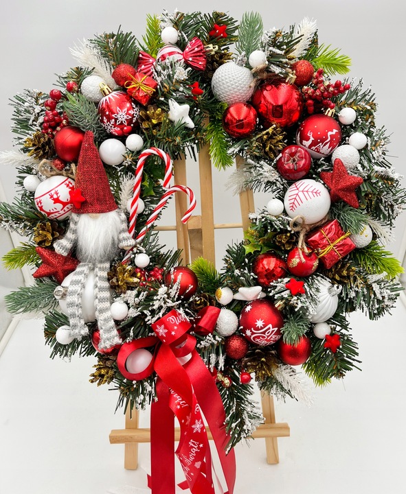 Wianek świąteczny 45cm biało-czerwony ze skrzatem wieniec stroik lampki LED