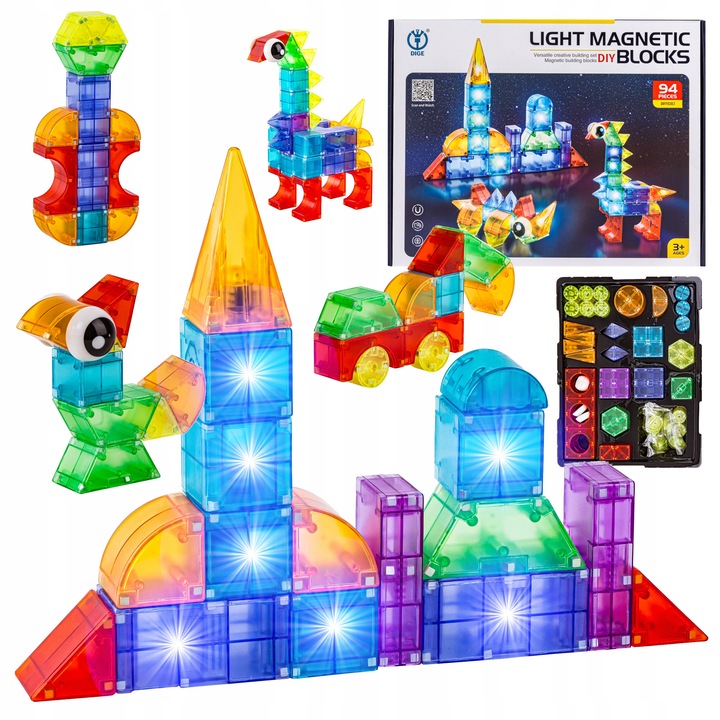 KLOCKI MAGNETYCZNE ŚWIECĄCE KONSTRUKCYJNE Kreatywne Edukacyjne 94 el 3D