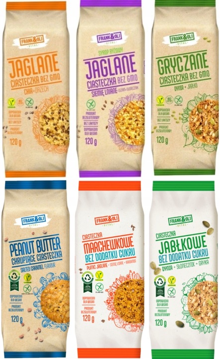 6x FRANK&OLI CIASTECZKA CHRUPIĄCE 120G MIX WSZYSTKICH SMAKÓW KARMEL JABŁKO